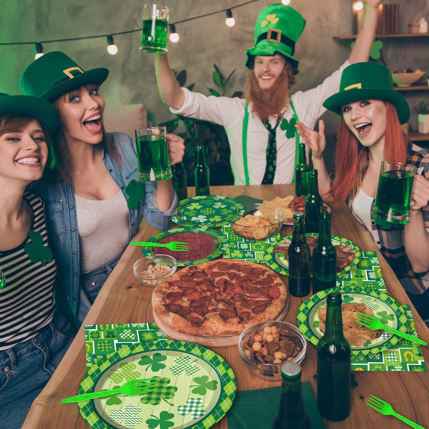 96 Pcs St. Patrick’s Day Tableware Set Lucky Green Shamrock Plates Irish Festival Party Plates St. Patrick’s Day Plates and Napkins Paper Plates Napkins Forks for 24 Guests