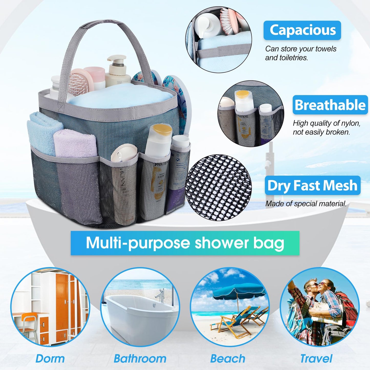 Mesh Shower Caddy Portable for College Dorm Room Essentials with 8 Pockets, Hanging Shower Caddy Dorm Basket, Quick Dry Shower Bag for Bathroom