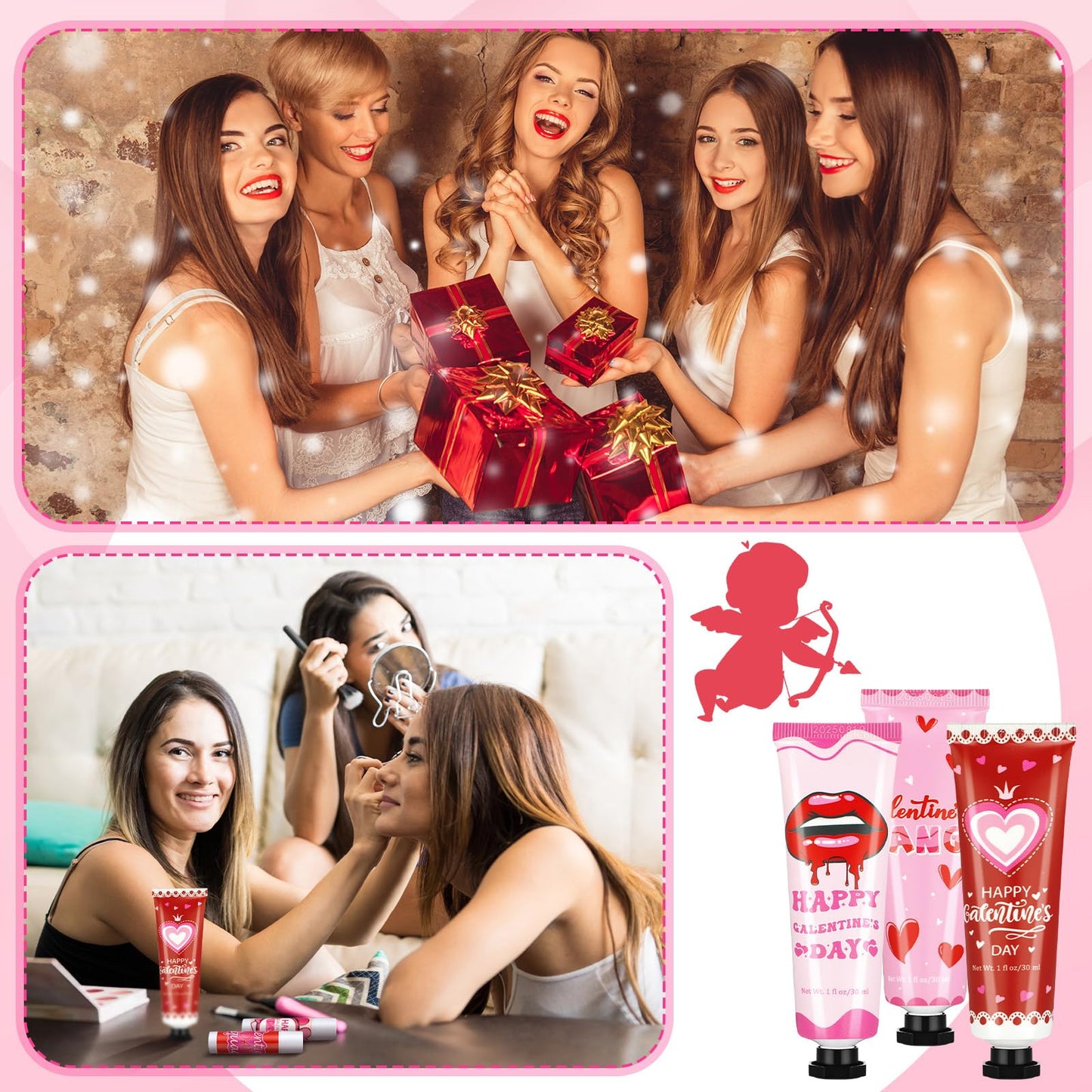 48 Pcs Galentine's Day Gifts Hand Cream and Lip Balm Bulk Set with Organza Bag Heart Happy Galentine's Day Card for Women Galentine Gift for Women Friends