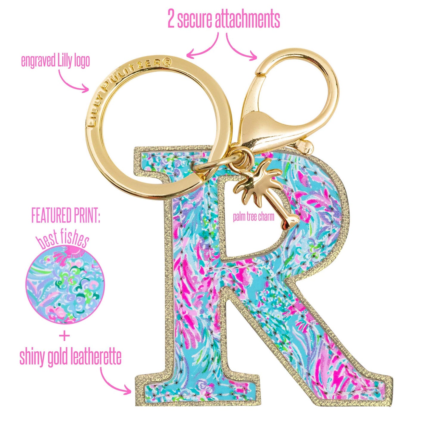 Lilly Pulitzer Leatherette Initial Keychain, Letter Bag Charm for Women, Best Fishes (R)