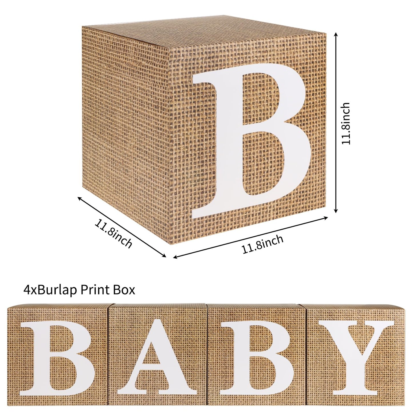 RUBFAC Baby Boxes with Letters for Baby Shower, 4pcs Rustic Farmhouse Style Boho Balloon Boxes with Burlap Grain for Birthday Gender Reveal Decoration Backdrop Photo Props
