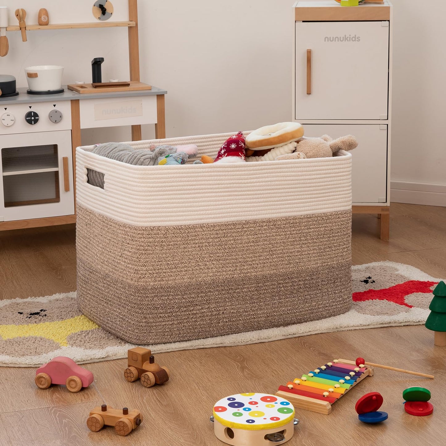 OIAHOMY 108L Super Large Blanket Basket, 25”x16”x16”(108L) Rectangle Woven Baskets for Storage, Cotton Rope Basket For Living Room, Toy Storage with Handle- Gradient Brown