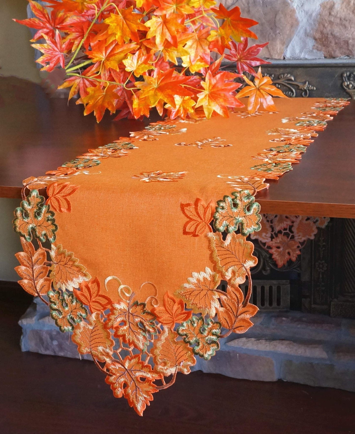 Harvest Fall Table Runner 13"x36",Cutwork Embroidered Maple Leaves Dresser Scarf Table Topper for Thanksgiving's Day Home Dinning Holiday Party Decoration