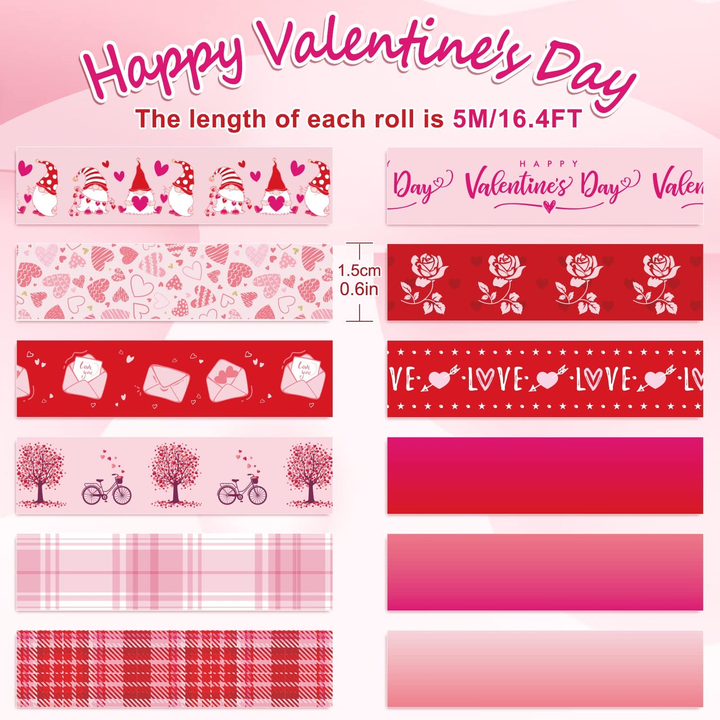 12 Rolls Valentine Washi Tape Red Pink Heart Gnome Love Masking Tape for Wedding Scrapbook DIY Craft Gift Wrapping, 0.6" x 16.4ft