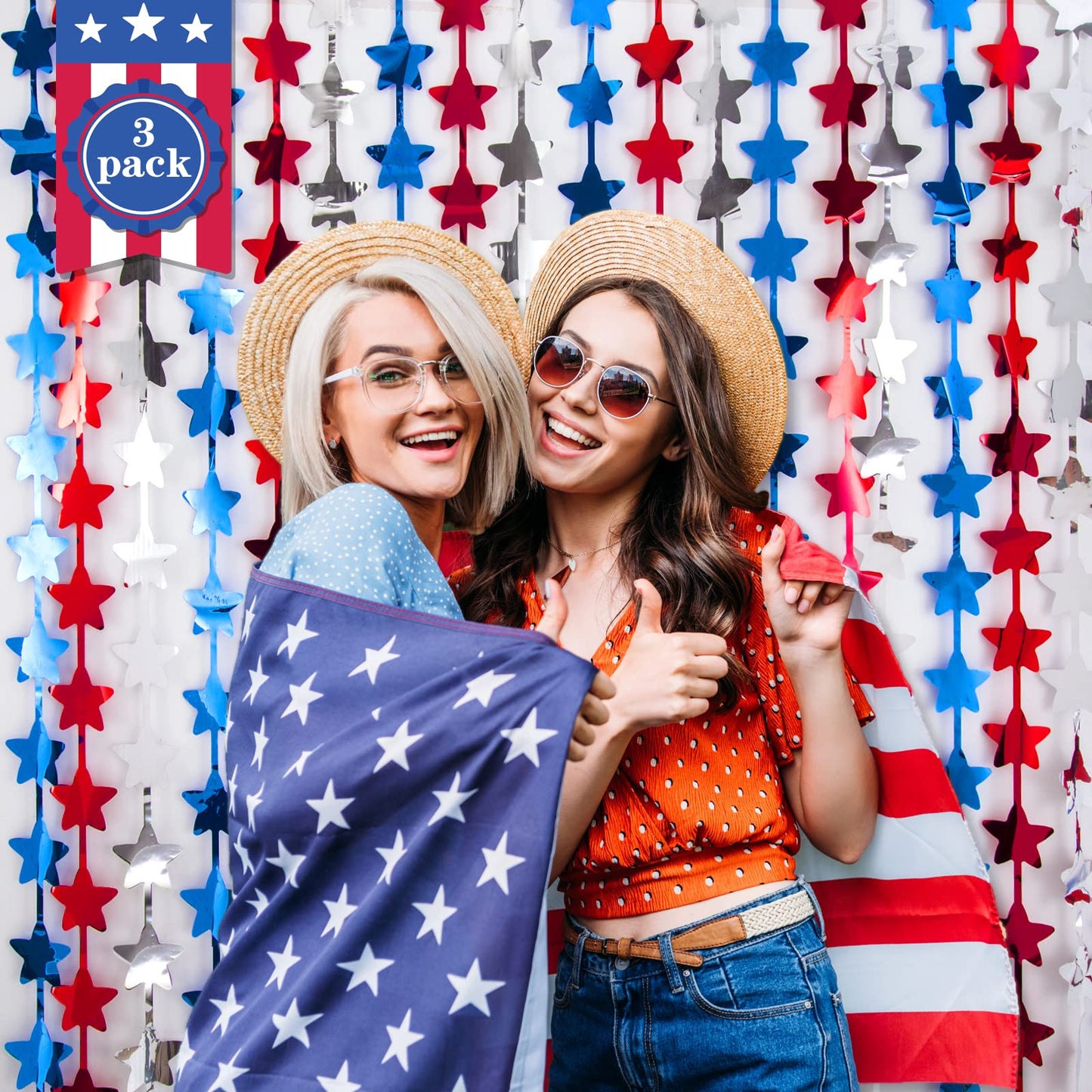 LOLStar 4th of July Decorations,Red White and Blue 3 Pack Star Tinsel Foil Fringe Curtains,Independence Day Photo Booth Prop Streamer Backdrop for America Patriotic Party,Memorial Day,Labor Day