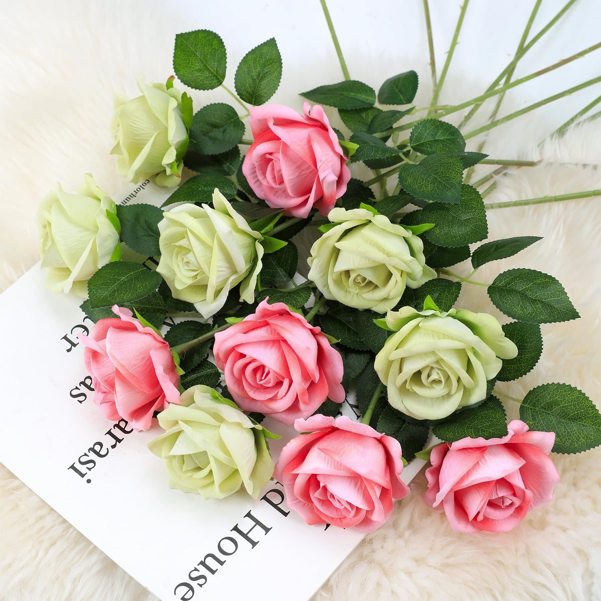 Hawesome 12PCS Artificial Flowers Fake Roses, Realistic Velvet Long Stem Red Roses Bouquet for Wedding Centerpiece Home Decor Party & Valentines (Pink)