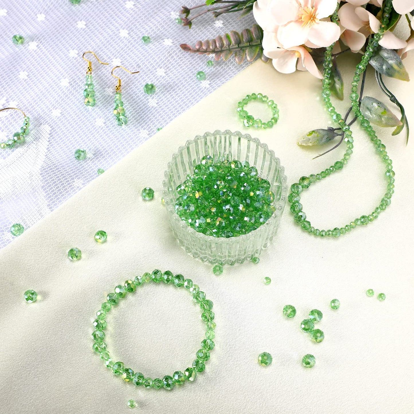 600 Pcs Crystal Glass Beads for Jewelry Making Bulk Faceted Gemstone Rondelle Loose Beads for Bracelet DIY Crafts 8 mm, 6 mm, 4 mm(Green)