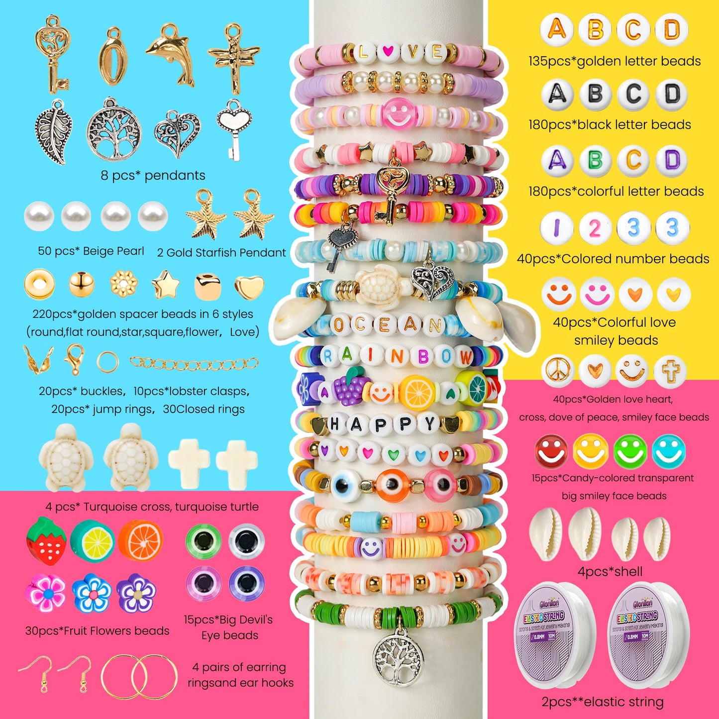 30,000 Pcs Clay Beads Bracelet Making Kit, 168 Colors 8 Boxes Flat Preppy Beads for Friendship Bracelets, Jewelry Kit with Pendant Charms Elastic String Crafts Arts Crafts Gifts