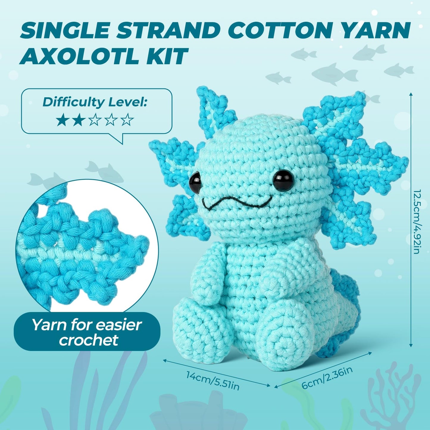 Crochet Kit for Beginners, Crochet Animal Kits, Amigurumi Crocheting Kit for Starters with Step-by-Step Video Tutorials, Beginner Crochet Kit for Adults (1Pack Blue Axolotl)