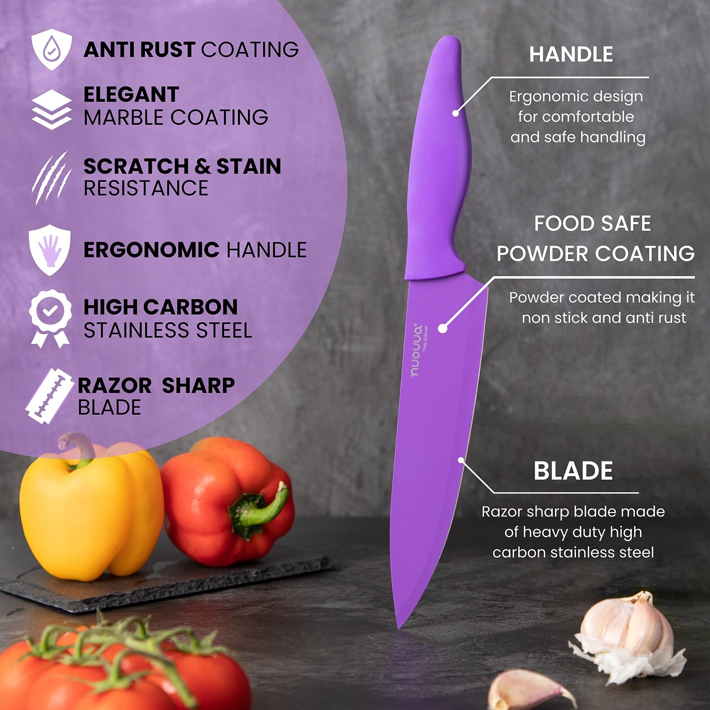 nuovva Kitchen Knife Set with Colour Coding 5 Piece Coloured Knives Set Stainless Steel