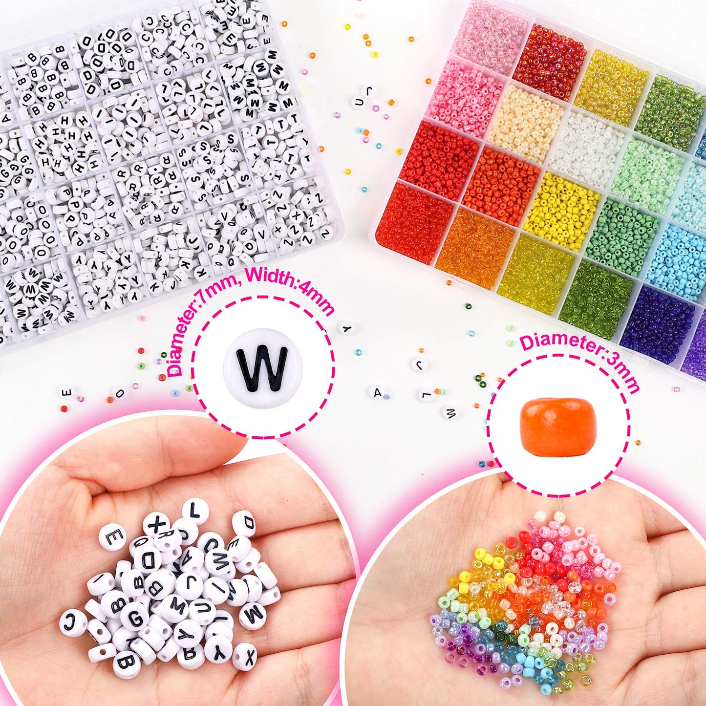DICOBD 12000pcs 3mm Glass Seed Beads for Bracelets Making Kit with Letter Alphabet Beads, Friendship Bracelet Kits 8/0 Craft Bead for Jewelry Making Necklaces and Key Chains with 2 Rolls of Cord