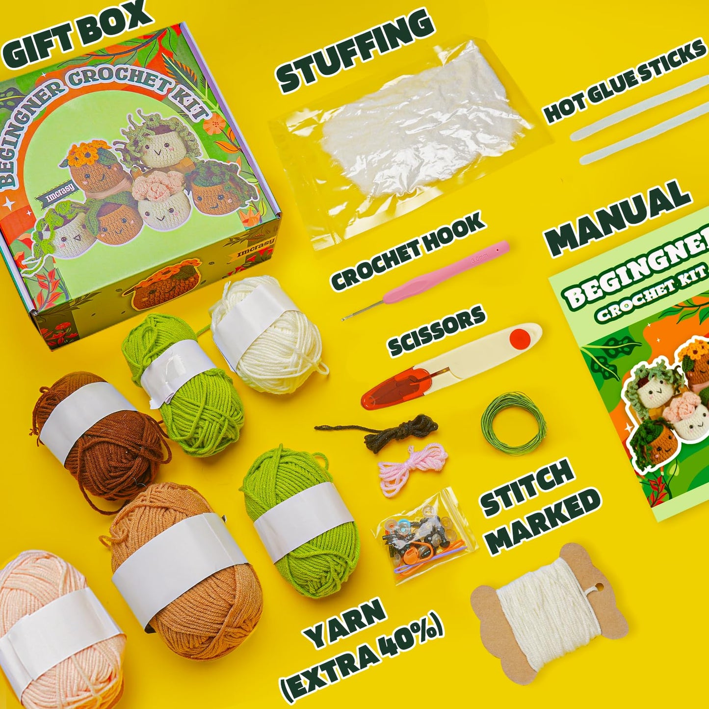 Imcrasy Crochet Kit for Beginners | 6 PC Cute Potted Plants With Step by Step Video Lessons | Complete Accessories (40%+ Yarn) | WhiteBrown