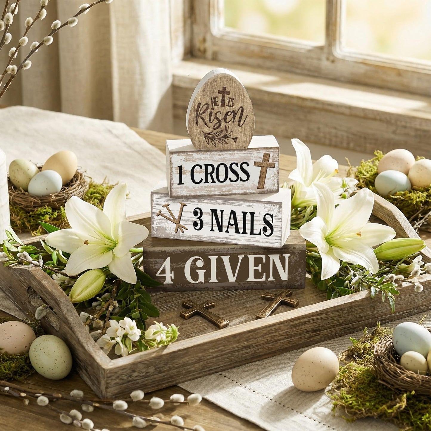 4 Pcs Easter Table Decoration Easter Gifts He Is Risen Tiered Tray Decor Christian Gifts Wooden Eggs Basket Stuffers Centerpieces for Holy Week Home Kitchen Party Decorations