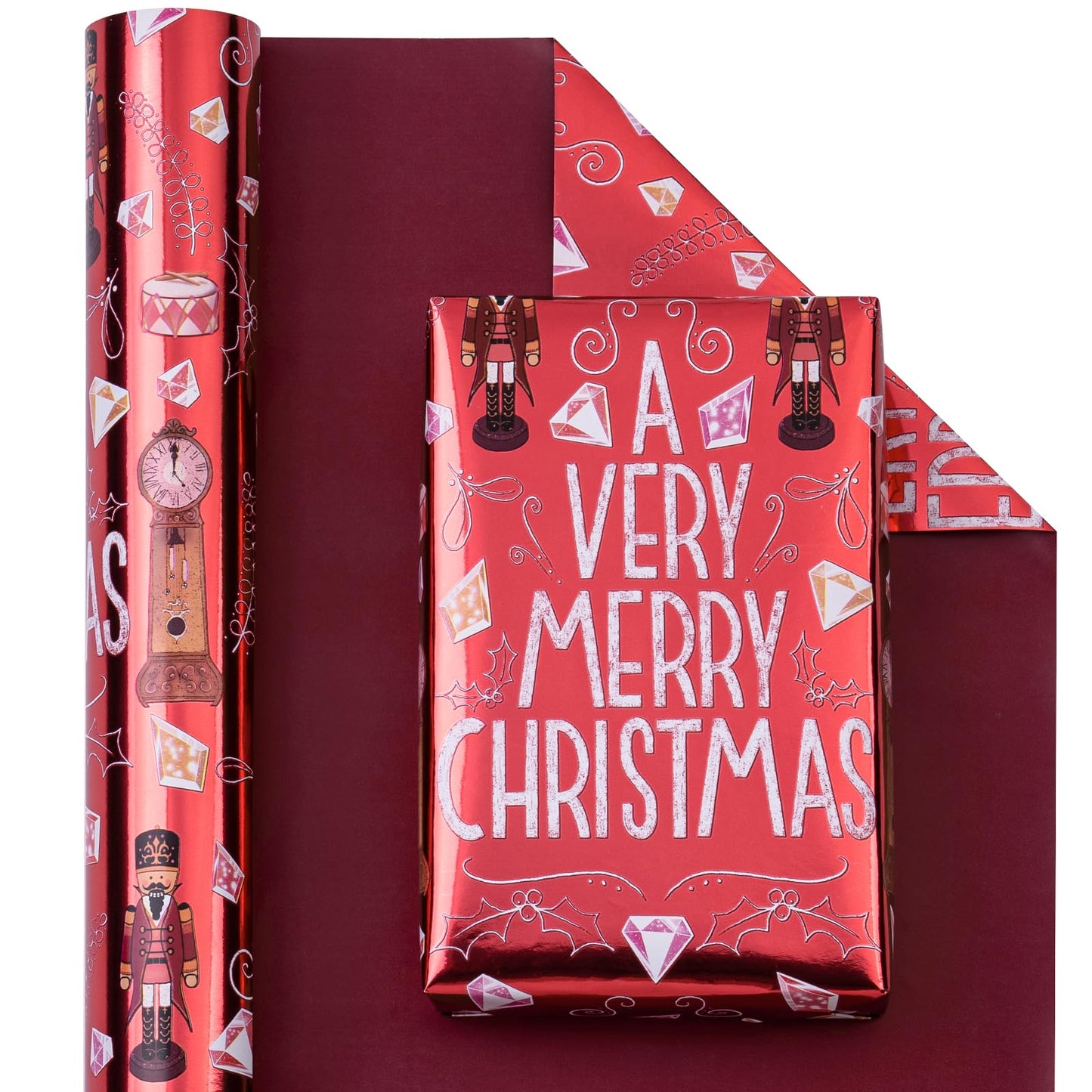 Reversible Nutcracker Christmas Wrapping Paper - Mini Roll - 17 Inch x 33 Feet - Merry Christmas Nutcracker Wrapping Paper with Metallic Foil Shine for Xmas Holiday, Party Celebration