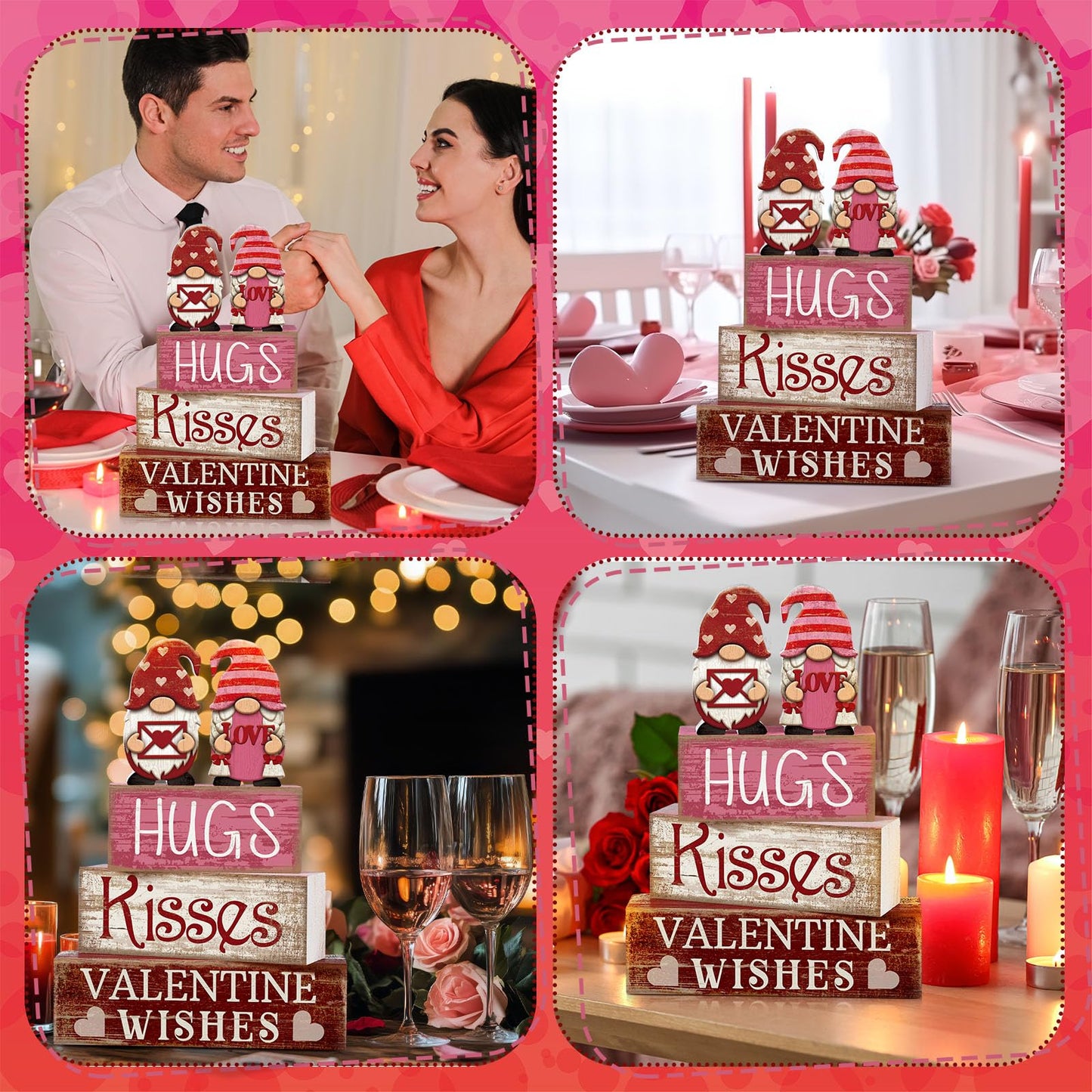 4 Pcs Valentine Day Table Decoration Pink Gnomes Valentine Centerpiece Valentine's Day Tiered Tray Decor Rustic Wooden Gnomes Heart Block Signs Red Pink White Valentines Decor for Home