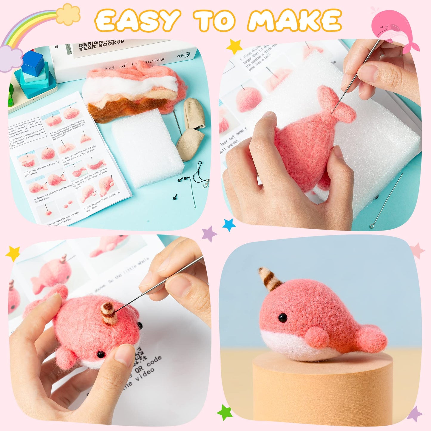 Set of 4 Cute Animal Needle Felting Starter Kit Frog Chick Bee Narwhal Animal Doll Wool Felting Tools Felt Needles Foam Mat DIY Needlework Craft Party Supplies for Beginners Adults