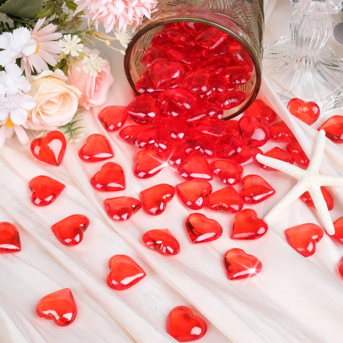 215pcs Red Heart Acrylic, 1Inch Crystal Rhinestones, Diamond Fake Gems Vase Filler for Table Scatters Wedding Party Event Valentine's Day Decoration Favor