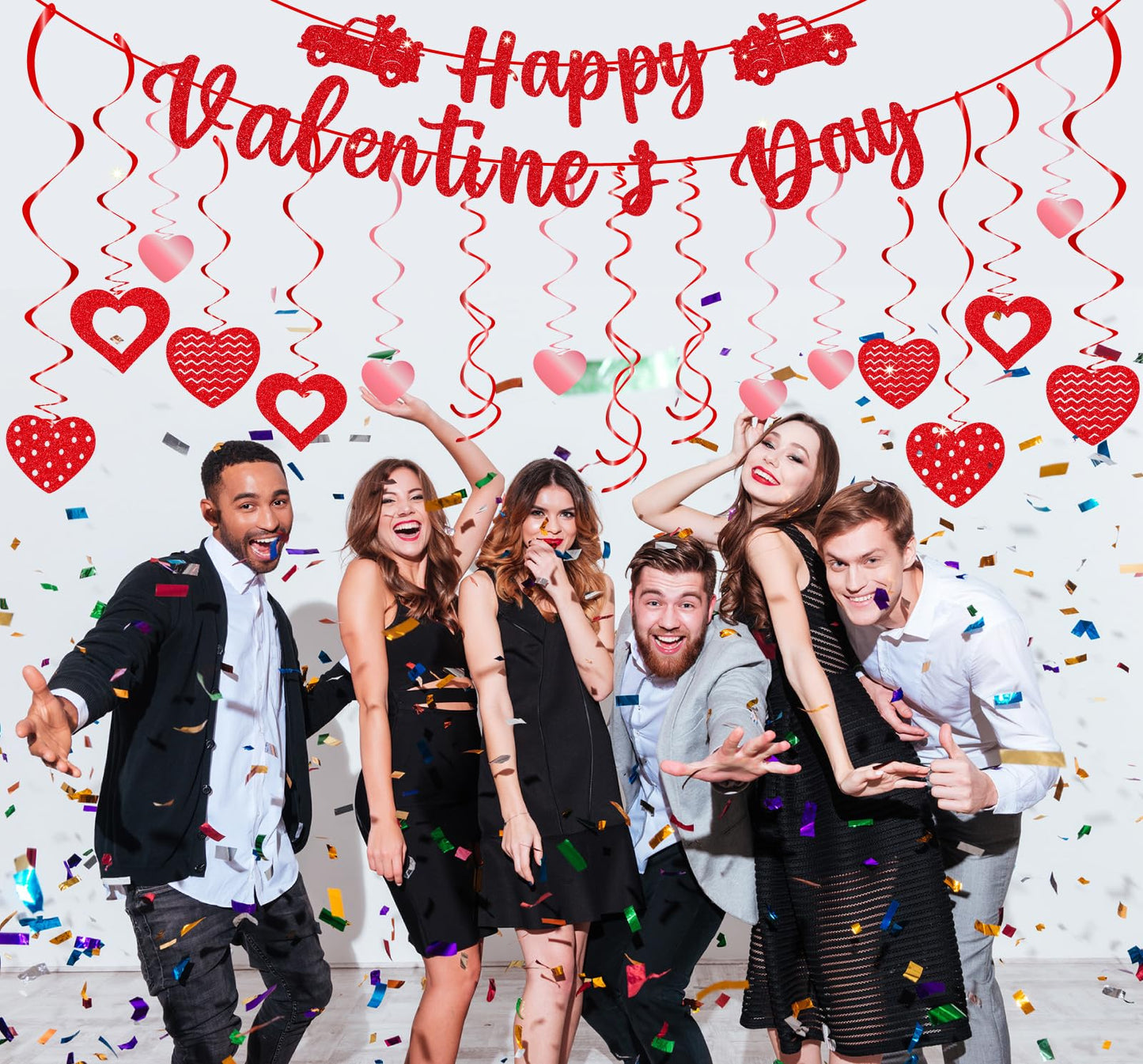 45 Pcs Valentines Day Decorations Kit - Happy Valentines Day Banner, Glitter Ceiling Hanging Hearts, Foil Swirls, Streamers Decor for Home Office Valentine Party Supplies