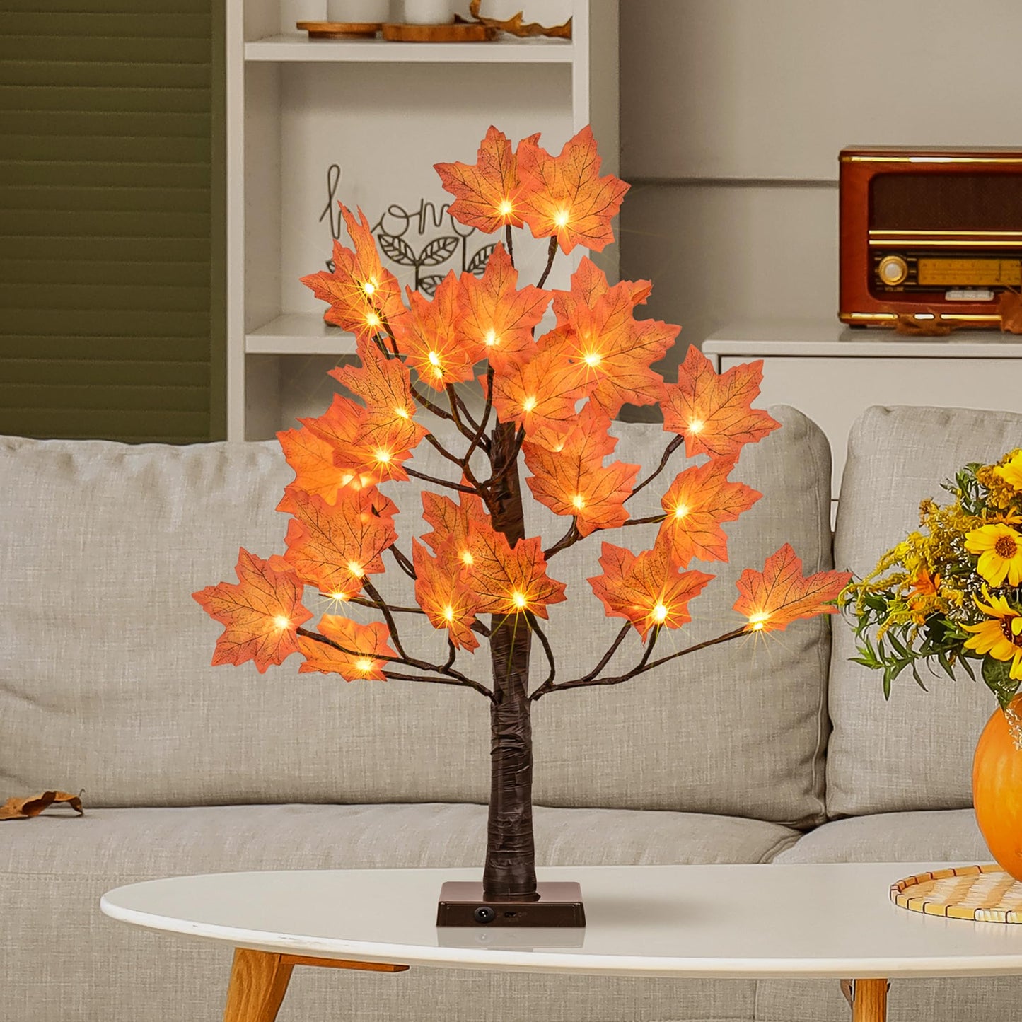 24IN Lighted Maple Tree for Fall Decorations, USB & Battery Operated with Timer Table Lights for Home Party Indoor Outdoor Thanksgiving Autumn Harvest Decor