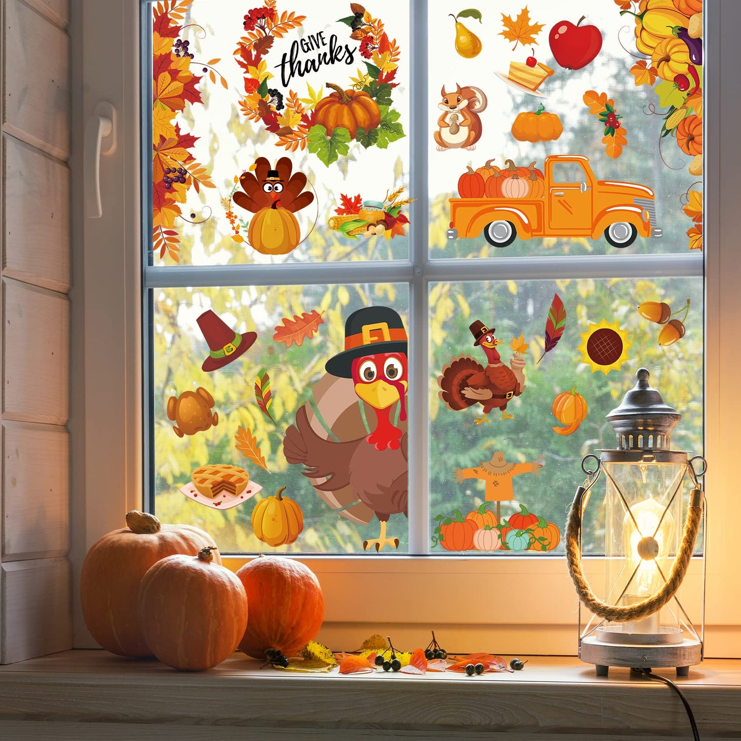 145PCS Thanksgiving Window Clings, Fall Window Decorations Pumpkin Fall Leaves Window Stickers Decals Gobble Turkey Stickers Thanksgiving Decor for Home Office Classroom