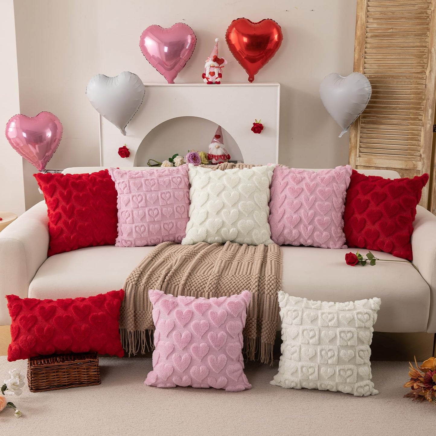 Valentines Pillow Covers 18x18 inch Set of 2 Valentines Day Decoration Red Heart Soft Plush Faux Fur Jacquard Throw Pillows for Bedroom Sofa Holiday Festivals Home Decor PTK017A18