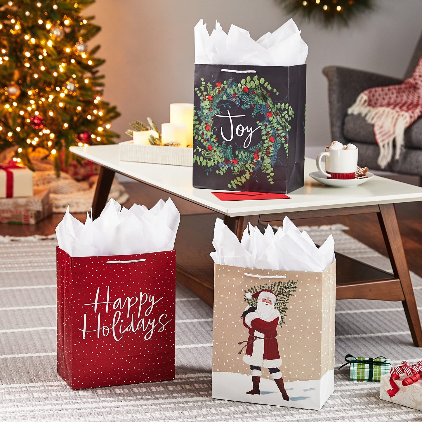 13" Large Christmas Gift Bag Bundle (3 Bags: Joy Wreath on Gray, Rustic Santa with Tree, Happy Holidays on Red) for Friends, Family, Teachers, Coworkers