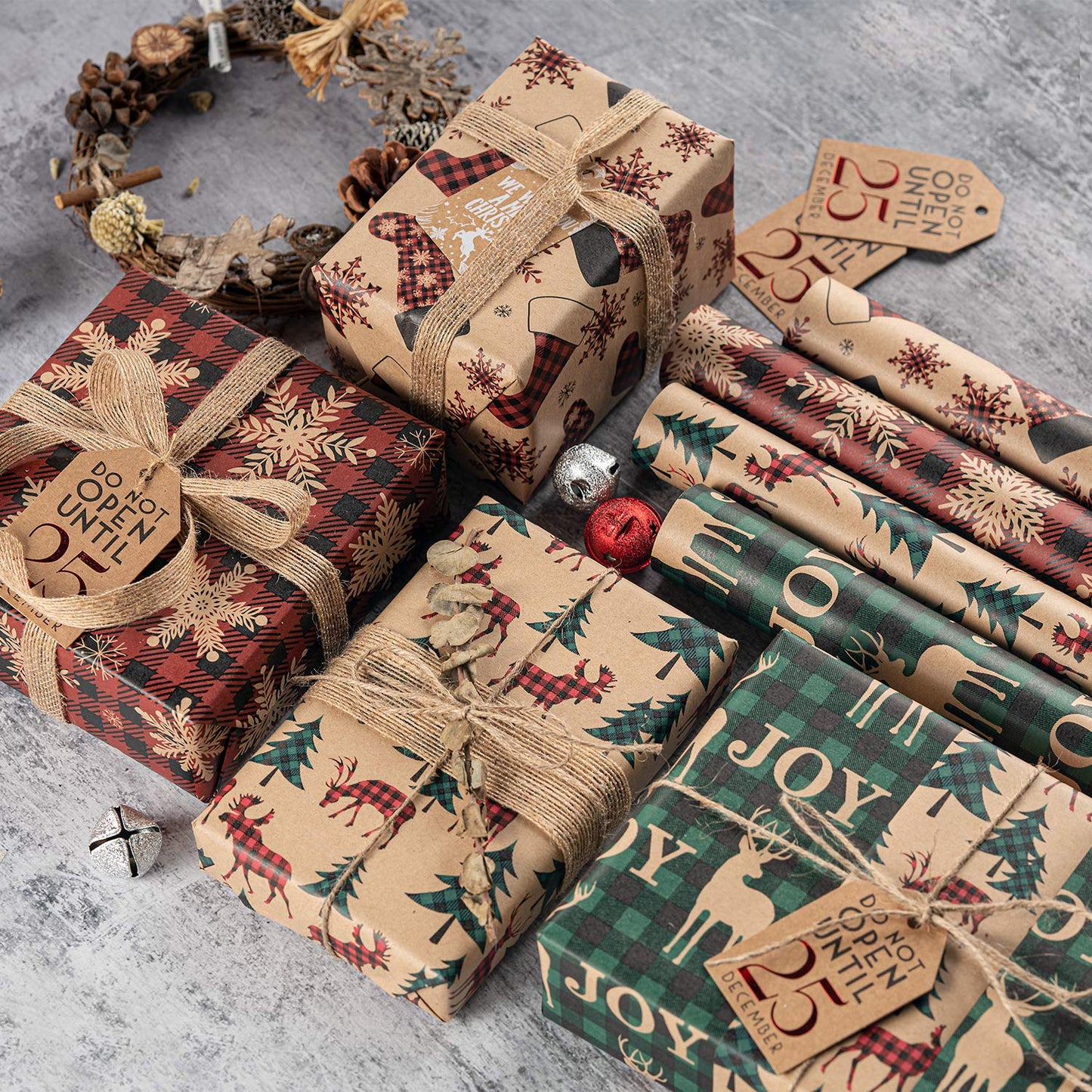 Christmas Wrapping Paper, Kraft Paper - Red and Green Plaids Style Designs - 4 Rolls - 30 inches x 10 feet per Roll