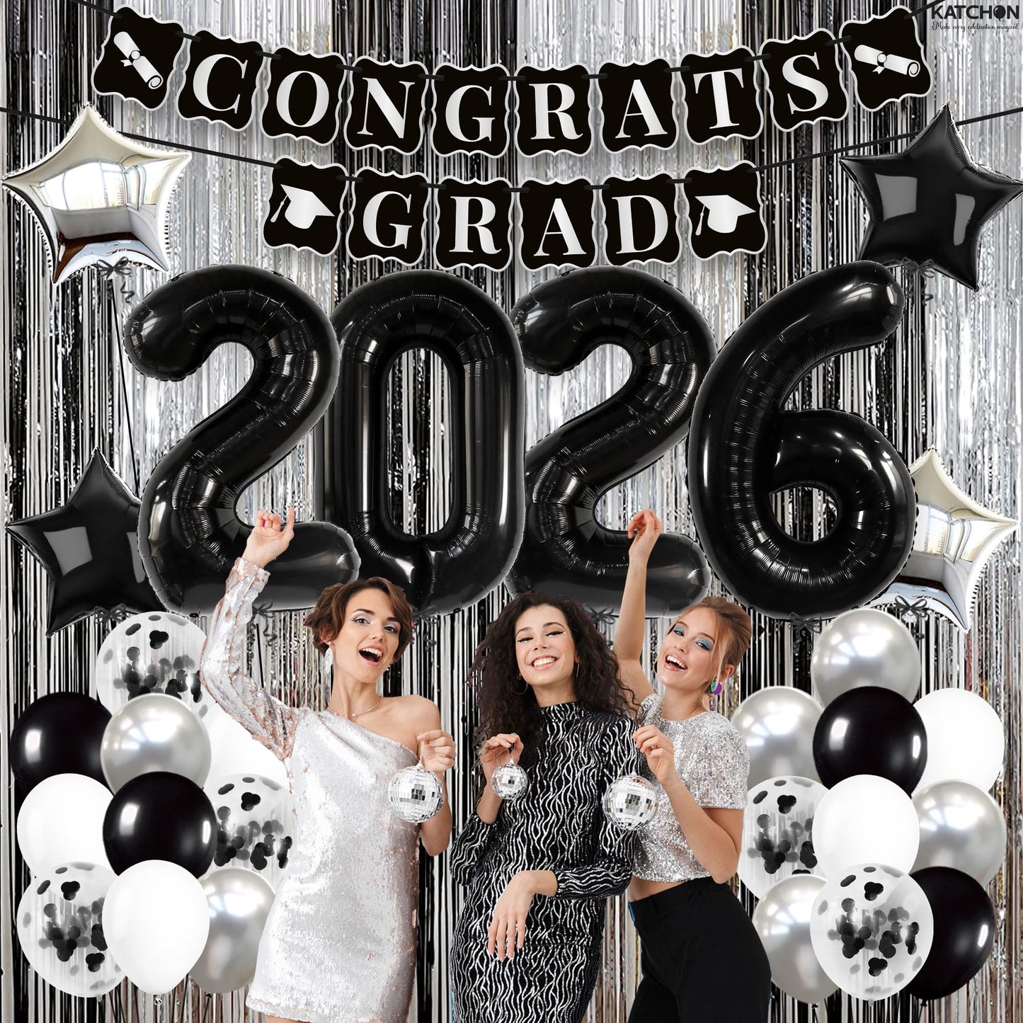 KatchOn, Black and Silver Graduation Decorations 2026 Set - Huge, Pack Of 43 | 2026 Balloons, Congrats Grad Banner | Black Graduation Decorations 2026 | Black and White 2026 Graduation Decorations