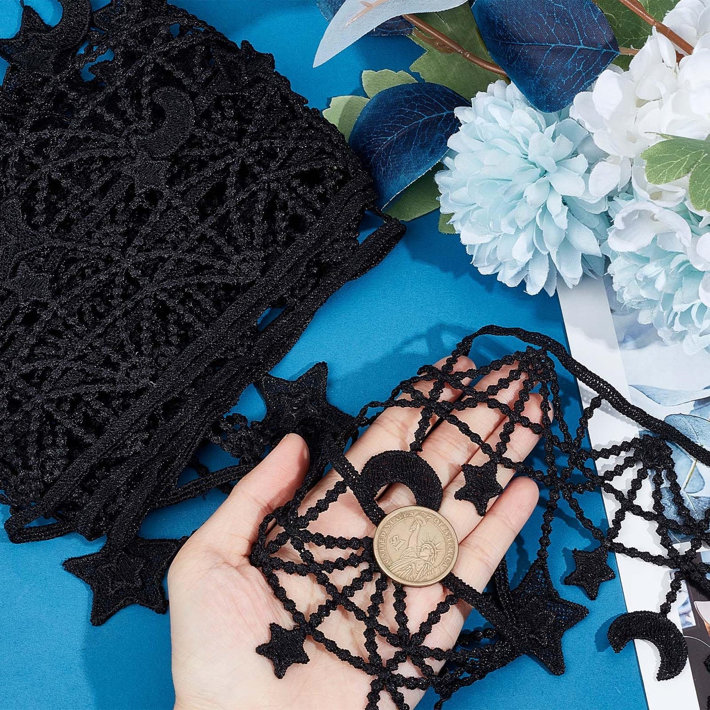 3 Yards Black Embroidered Lace Trim Ribbon MoonStar Venice Floral Sewing Crochet Lace Fabric Embroidery Wedding Applique Patch Sticker for DIY Crafts Sewing Gift Wrapping 4.3 Inch Width