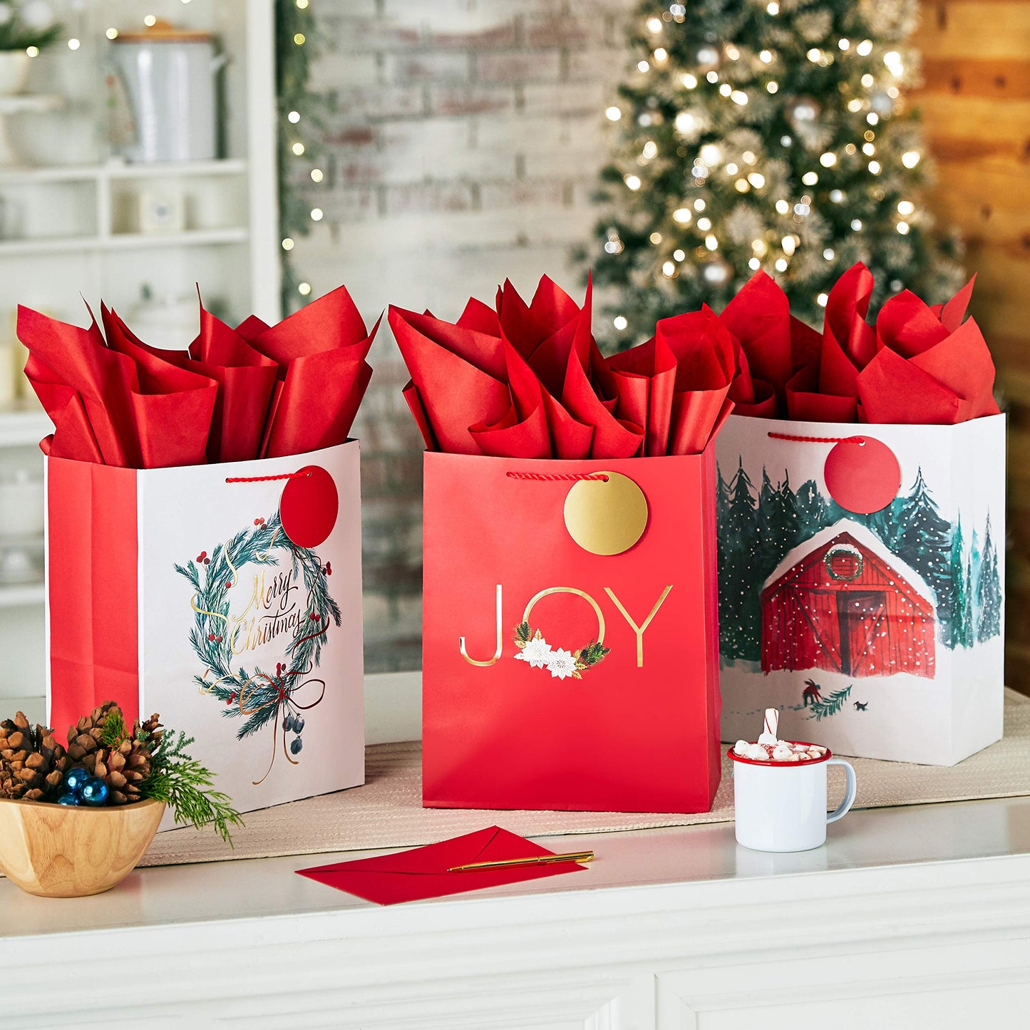 13" Large Christmas Gift Bag Assortment with Tissue Paper (3 Bags: "Merry Christmas" Wreath, Gold Joy, Snowy Red Barn) Red, White, Gold Foil