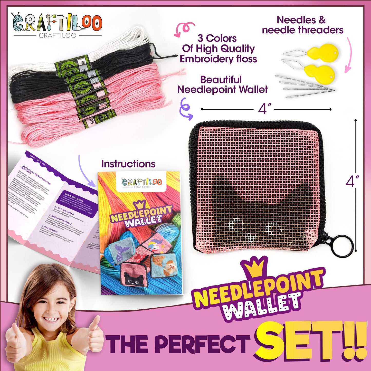 Pre Printed Needlepoint Wallet Kit for Kids Embroidery Arts and Crafts Set Cross Stitch Sewing Kit (Cat)