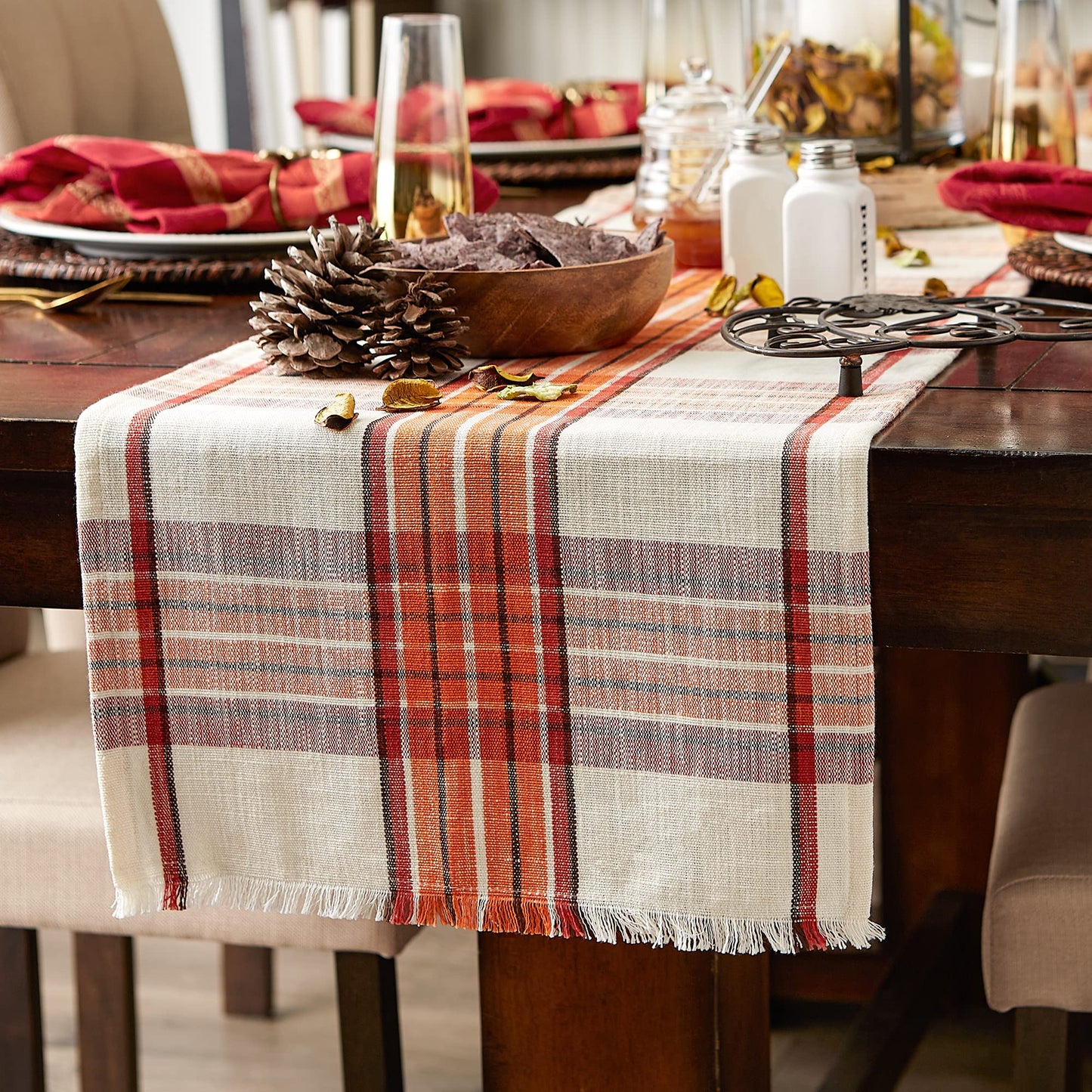 Thanksgiving & Fall Table Decoration Autumn Farmhouse Plaid, Table Runner, 14x108, Pumpkin Spice Orange