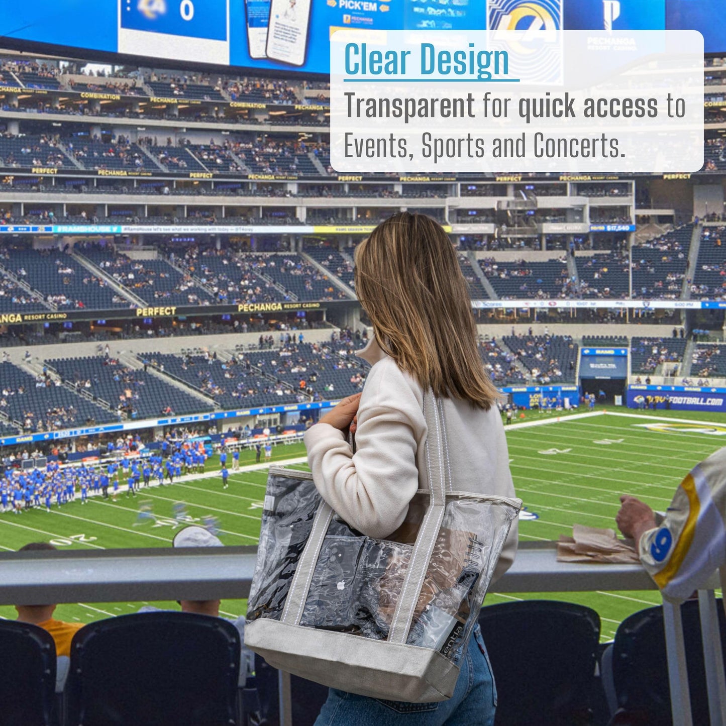 VENO 2 Packs Clear Bag Transparent Vinyl PVC Tote, Outdoor, Beach, Pool (Set of 2, Beige)