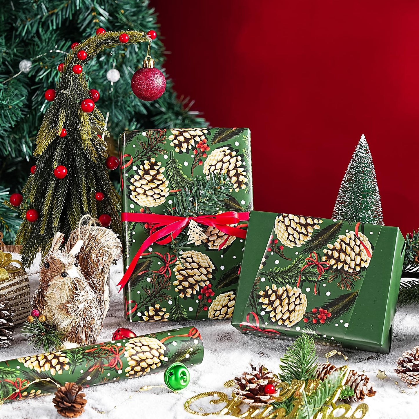 Reversible Green Christmas Wrapping Paper - Mini Roll - 17 Inch x 33 Feet - Pinecones with Red Bow Wrapping Paper and Solid Green for Xmas Holiday, Party Celebration