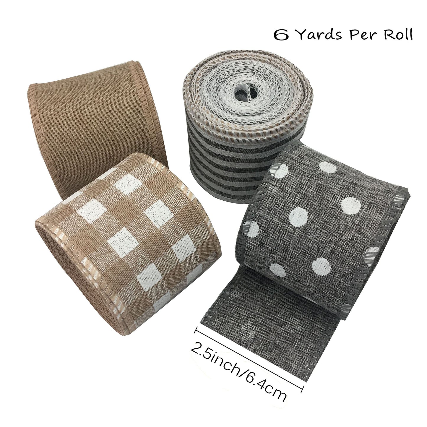 OZXCHIXU 4 Rolls Burlap Fabric Ribbon Burlap Wired Edge Ribbon White Dot Plaid Stripe Ribbon Rustic Christmas Crafts Ribbon for DIY Present Wrapping Wreath Floral Bow Craft Decor,2.5Inch x 24Yards