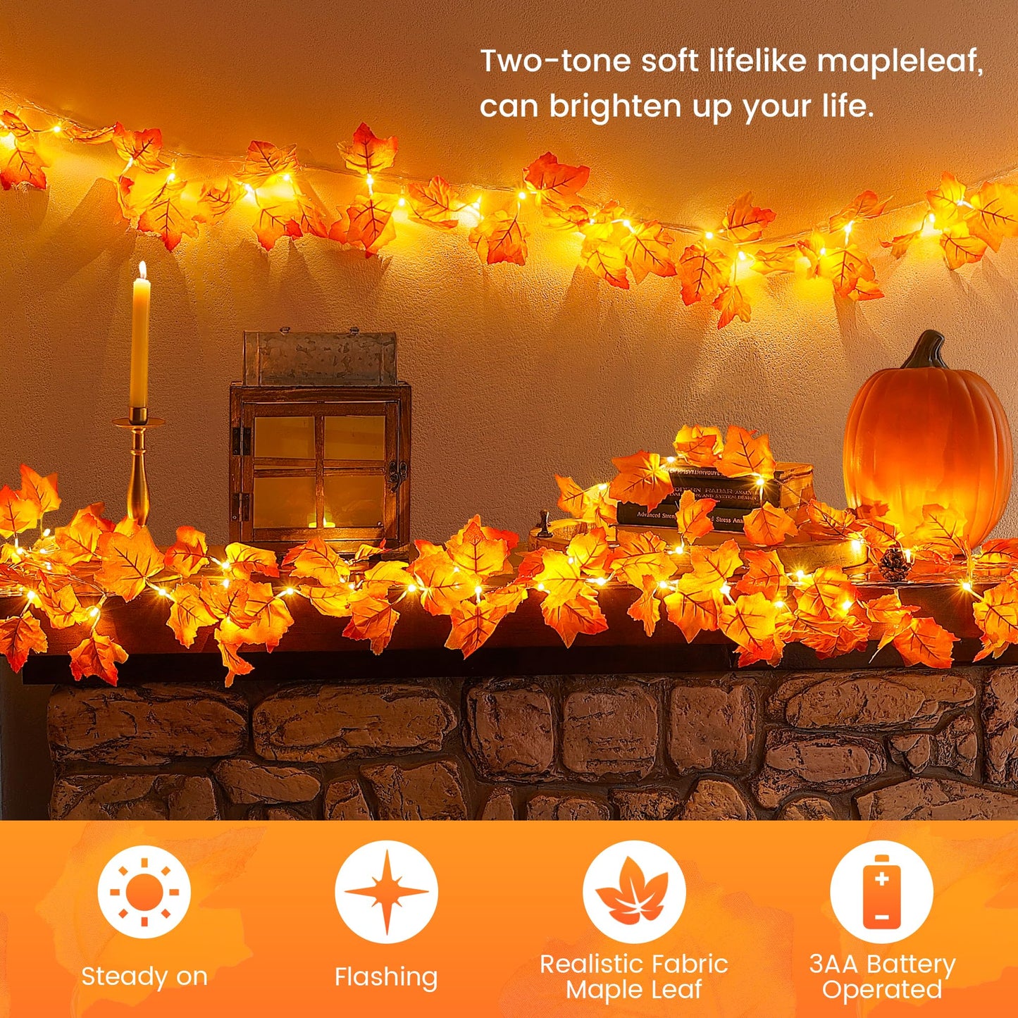 Hopolon 2Pack Fall Decorations for Home,Thanksgiving Lighted Fall Garland,Total 20Ft 40LED Maple Leaves String Lights,Battery Operated Fall Lights for Indoor Halloween Home Autumn Harvest Decor