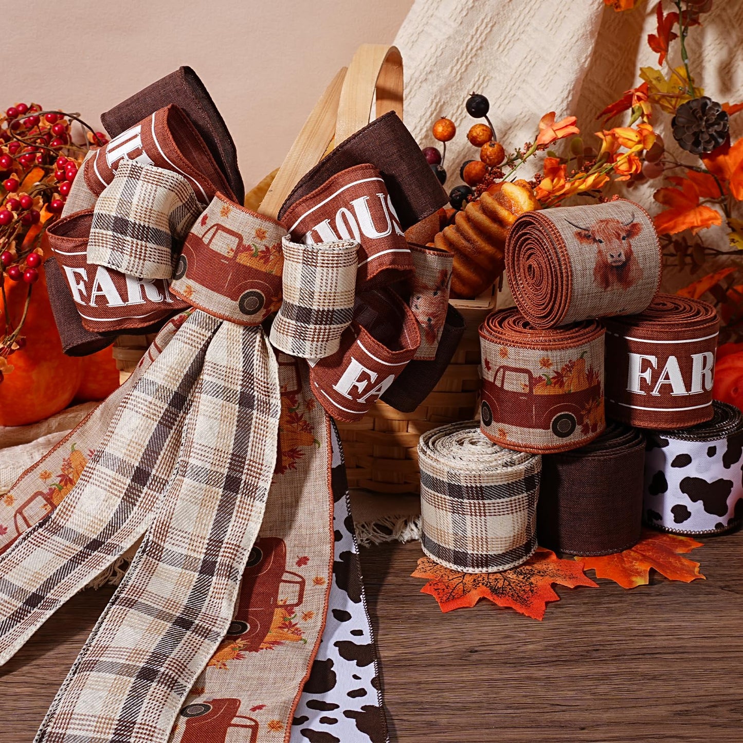 Fall Burlap Plaid Ribbon Wired 2 1/2" x 6 Yards 6 Rolls, Harvest Farm Ribbon for Autumn Wreath Thanksgiving Christmas Farm Gift Wrapping Home Decor