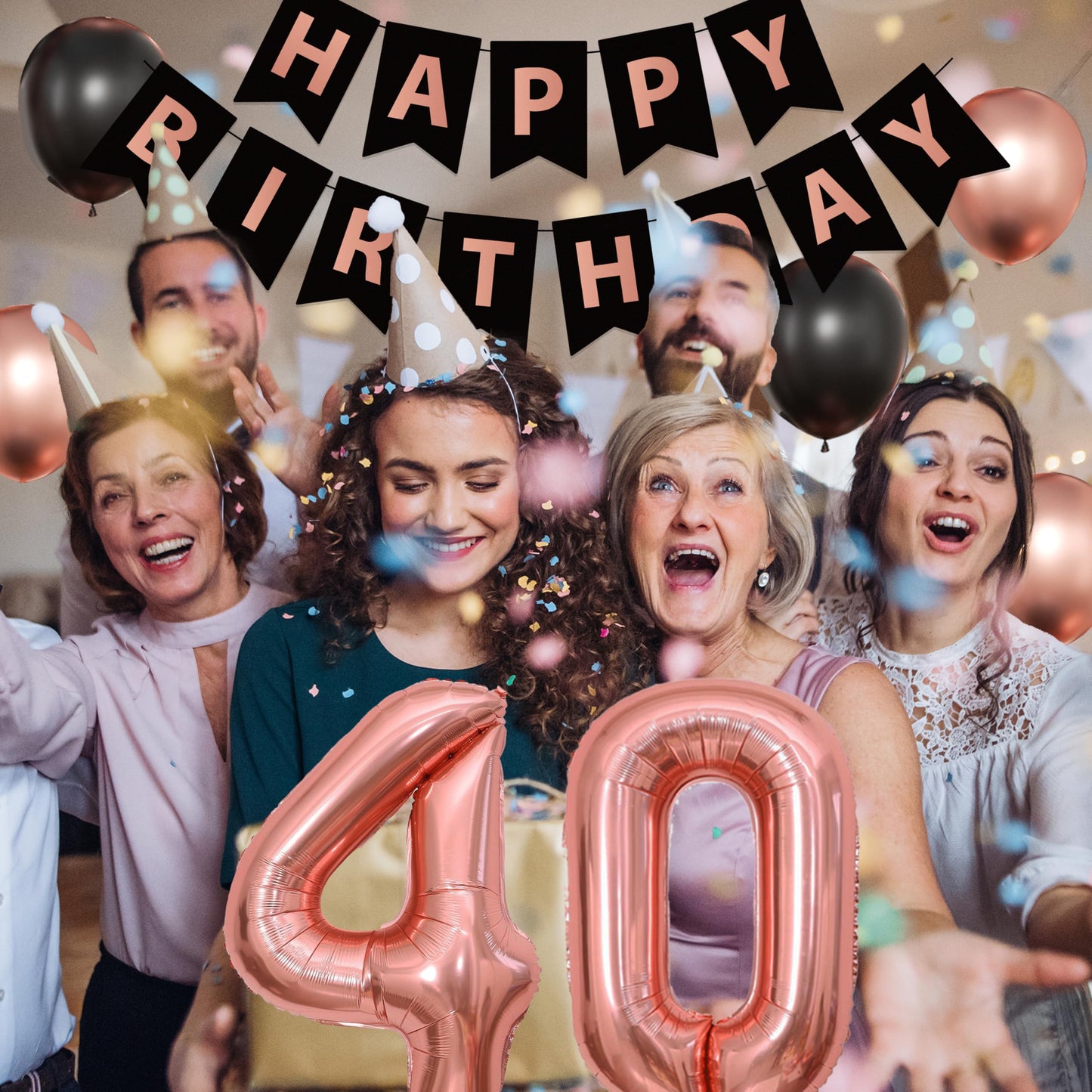 Rose Gold 40th Birthday Decorations for Women - Fabulous 40 Birthday Party Supplies Include 3pcs Balloon Boxes, Number 40 Foil Balloons, Fringe Curtains, Black Pink Garland Arch Kit - Photo Backdrop