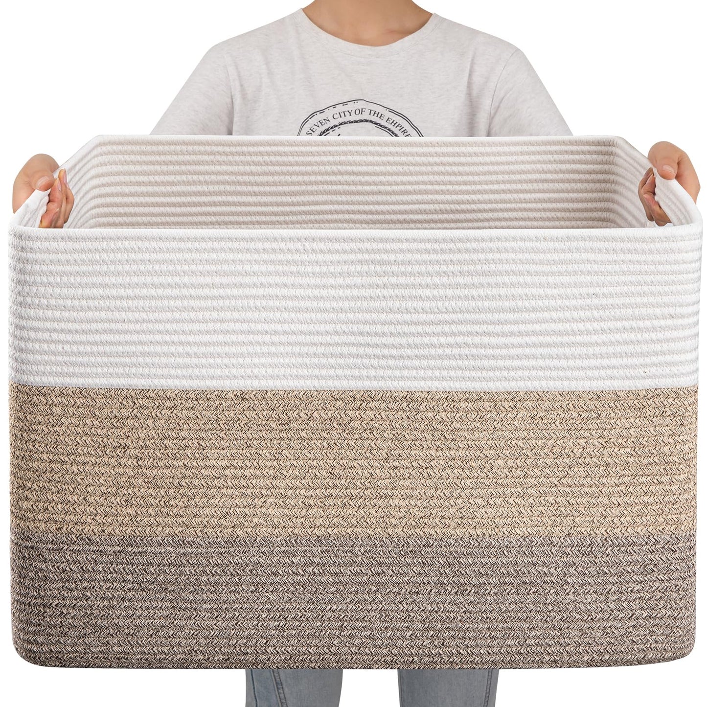 OIAHOMY 108L Super Large Blanket Basket, 25”x16”x16”(108L) Rectangle Woven Baskets for Storage, Cotton Rope Basket For Living Room, Toy Storage with Handle- Gradient Brown