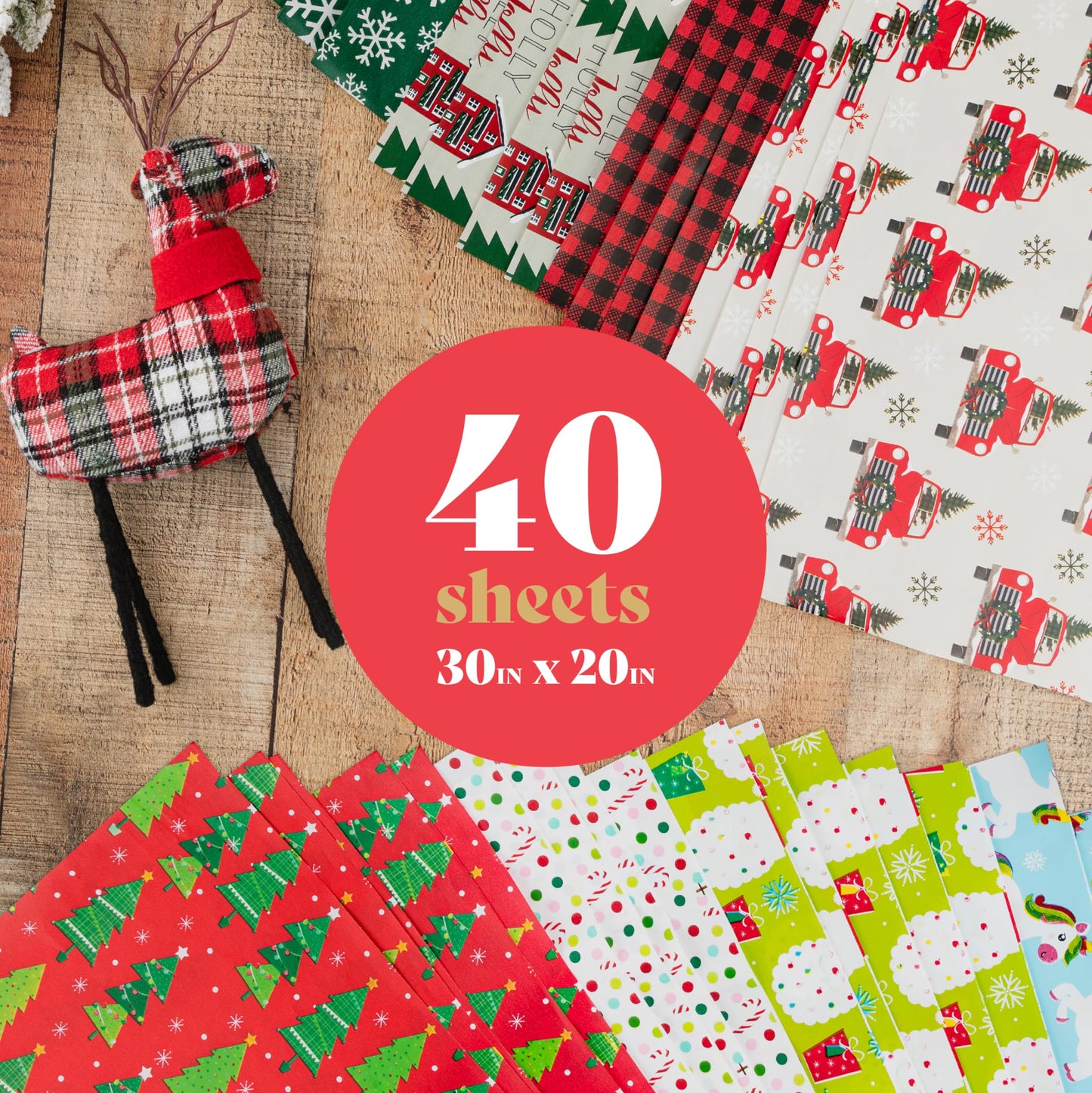 Holiday Wrapping Paper Sheets – 40 Precut 30"x20" Gift Wrap Sheets – 8 Unique Festive Designs for Christmas Presents
