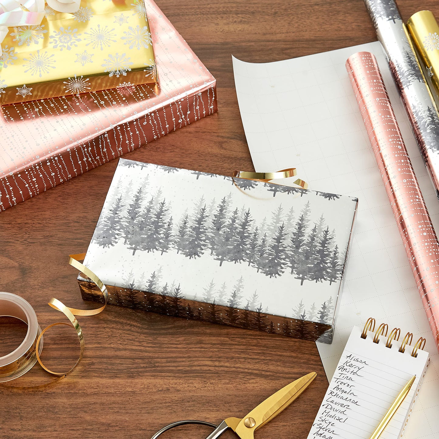Foil Wrapping Paper with Cut Lines on Reverse (3 Rolls: 60 Sq. Ft. Ttl) Rose Gold, Silver Trees, Gold Snowflakes for Winter Weddings, Graduations, Valentine's Day