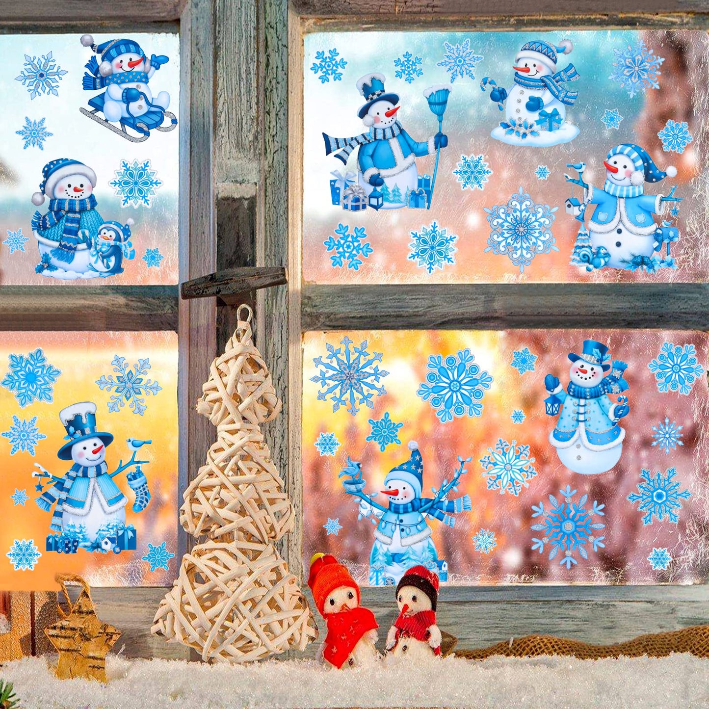 Christmas Window Clings for Glass Snowman Window Stickers Glitter Powder Craft Static Xmas Glitter Window Decals Xmas Snowflake Decals for Christmas Decorations Indoor 4 Sheets