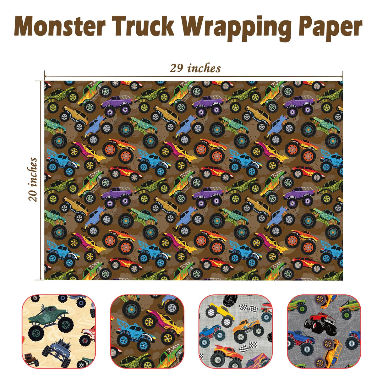 Monster Trucks Wrapping Paper for Kids Birthday Baby Shower - Gift Wrap with Monster Trucks, Checkered Flag Designs - 20 x 29 Inches, 8 Folded Sheets