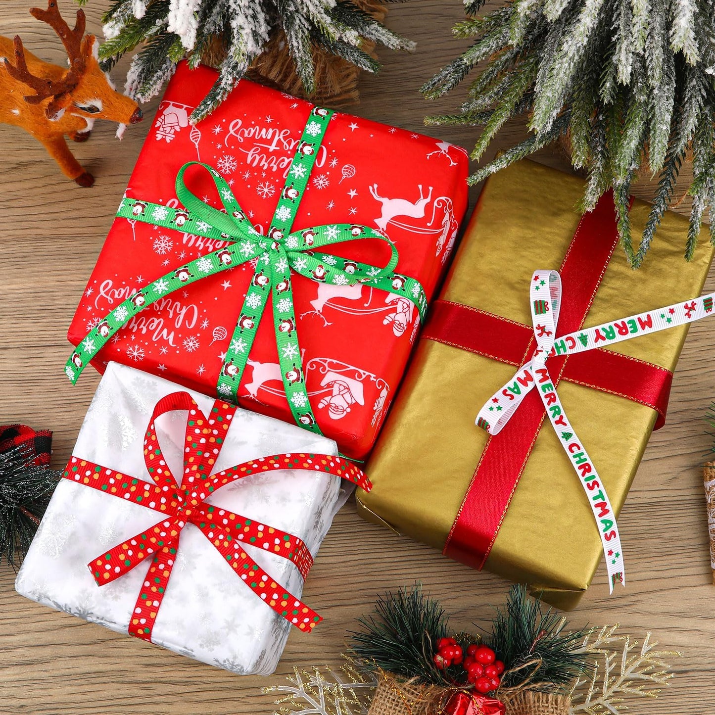 Christmas Ribbon, 6 Rolls 60 Yards Snowflakes Santa Claus Gingerbread Man Dots Ribbon for Christmas Crafts, 10mm Wide Grosgrain Ribbons for Gift Wrapping, Party, Home Decor