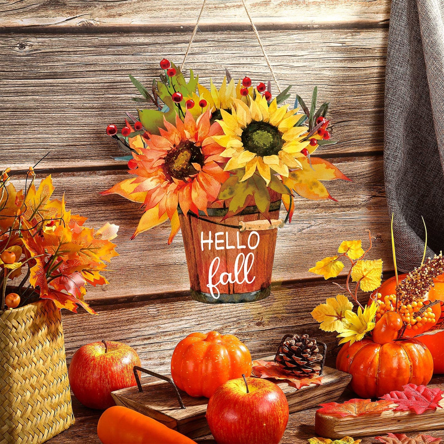 Hello Fall Sign Hello Fall Door Sign Wooden Farmhouse Home Sign with Fall Sunflower for Porch Farmhouse Thanksgiving Autumn Front Door Outdoor Home Decor