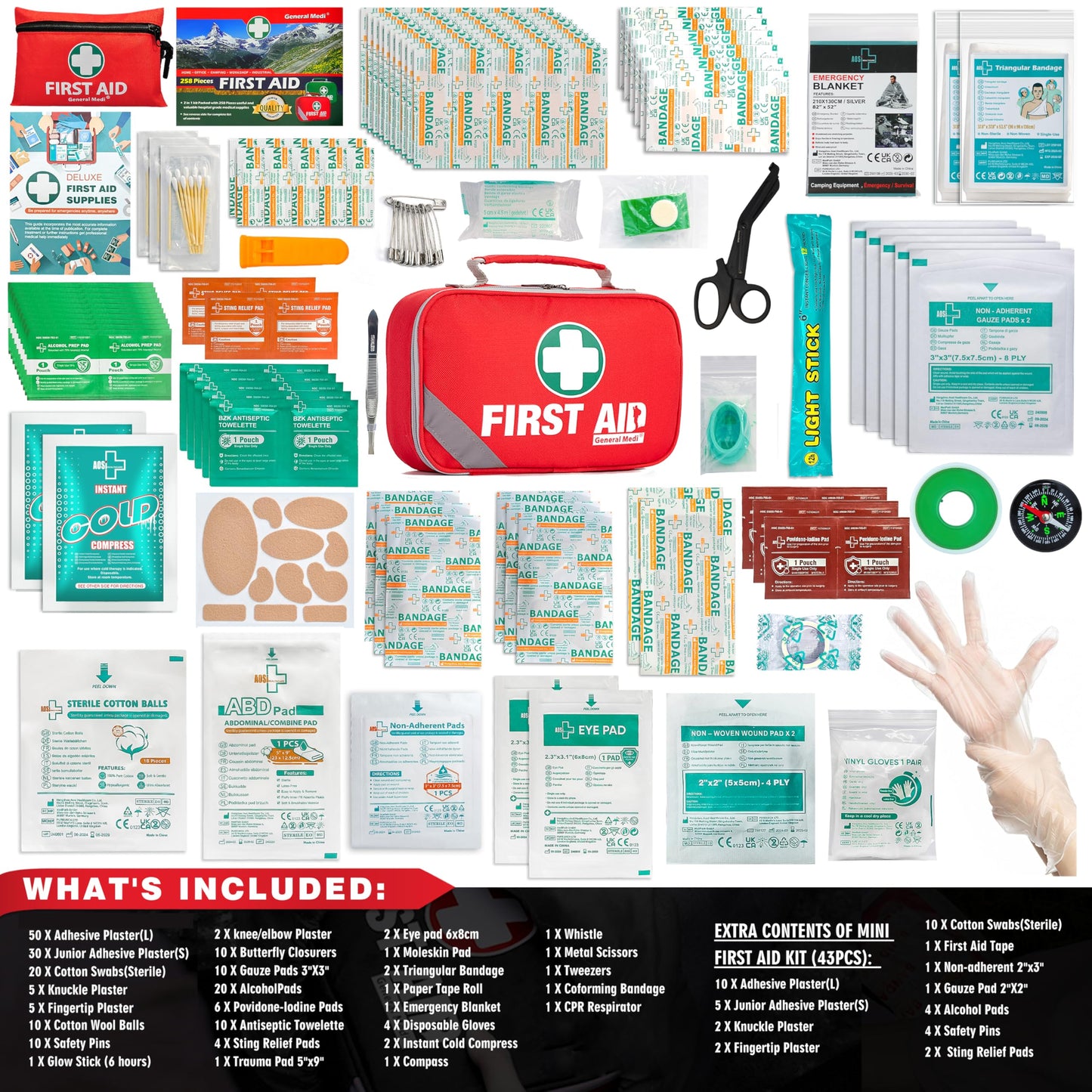 General Medi 2-in-1 First Aid Kit (215 Piece Set) + 43 Piece Mini First Aid Kit -Includes Ice(Cold) Pack, Moleskin Pad and Emergency Blanket for Travel, Home, Office, Car, Workplace