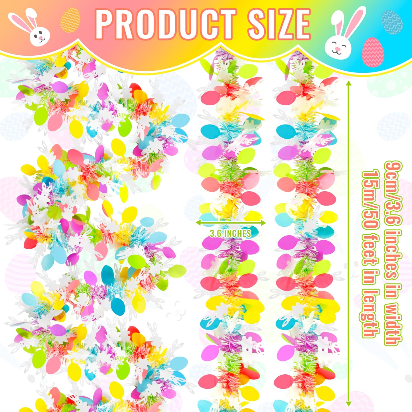 50FT Easter Tinsel Garland Hanging Streamers Decorations for Tree Stairs Mantle Hanging Oranment Outdoor Indoor Party Supplies (Rabbit)