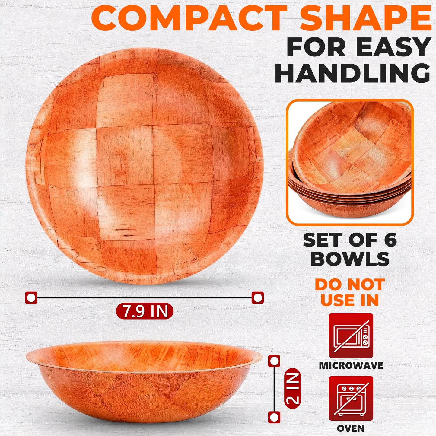 6 Pack Wooden Salad Bowls – 7.9"x2" Serving Bowls for Pasta, Fruit & Snacks, Lightweight Wood with Smooth Finish, Easy to Clean & Stack – Great for Home, Parties & Lovely Valentines Gifts for Hosts