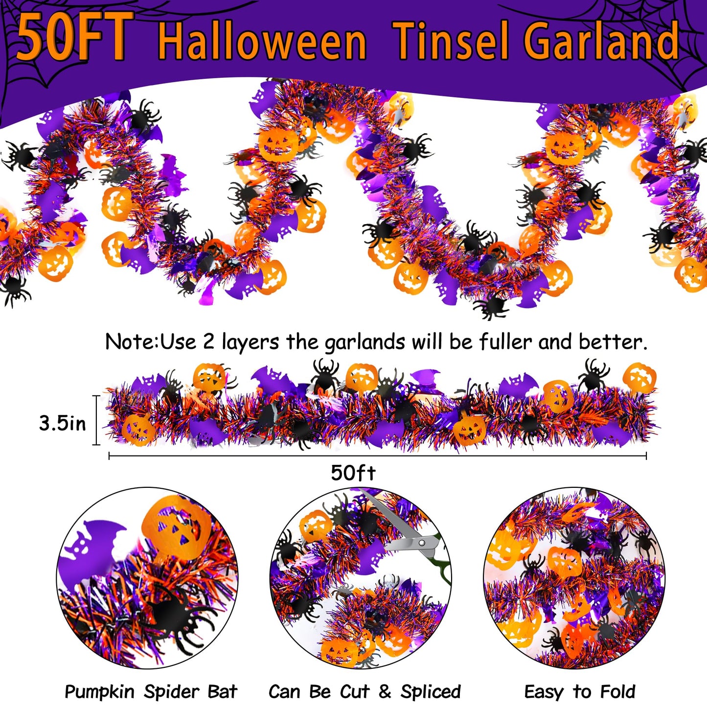 Halloween Decorations,50 FT Halloween Tinsel Garland with Orange Pumpkin Black Spider Purple Bat, Shiny Metallic Twist Garland for Home Tree Indoor Outdoor Party Decorations