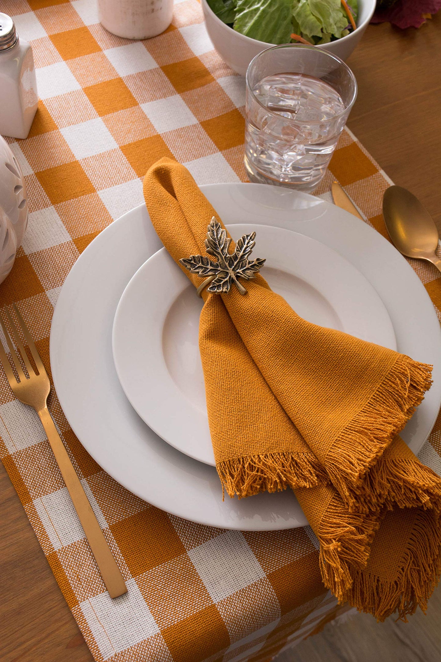 Heavyweight Fringed Check Tabletop Collection, Table Runner, 14x108, Pumpkin Spice